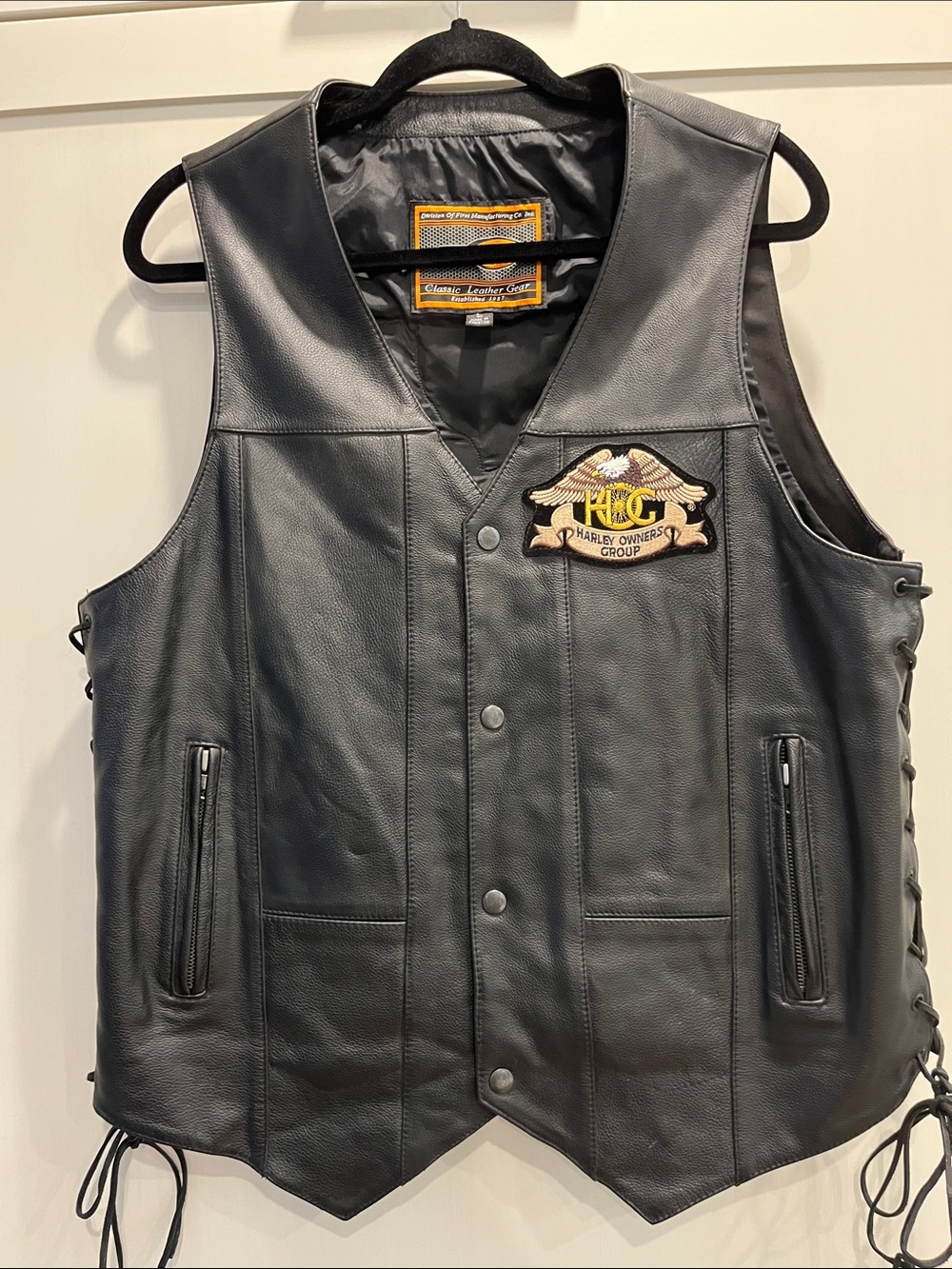 Harley Owners Group Black Leather Vest by Classic Leather Gear with leather